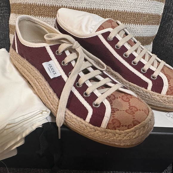 Gucci Women's Burgundy and Tan Espadrille Sneakers